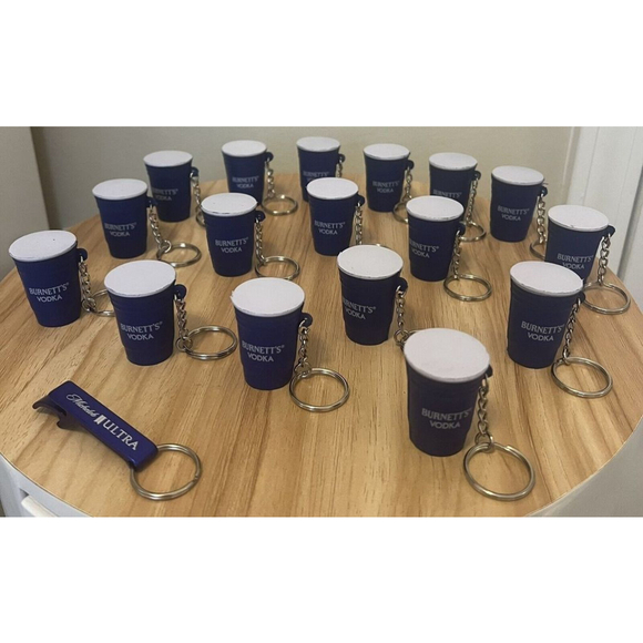 Burnett’s Vodka Blue Solo Cup Keychain Squishy /Stress Ball Lot Of 17 Plus Bonus - Picture 1 of 9